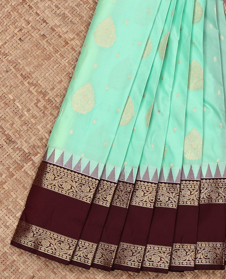 Turquoise Budget Silk Saree, Featuring Zari Buttas on Its Body, Complemented by a Contrast Traditional Zari Design Rettai Pettu Temple Border, Grand Pallu, and Paired with a Contrast Blouse