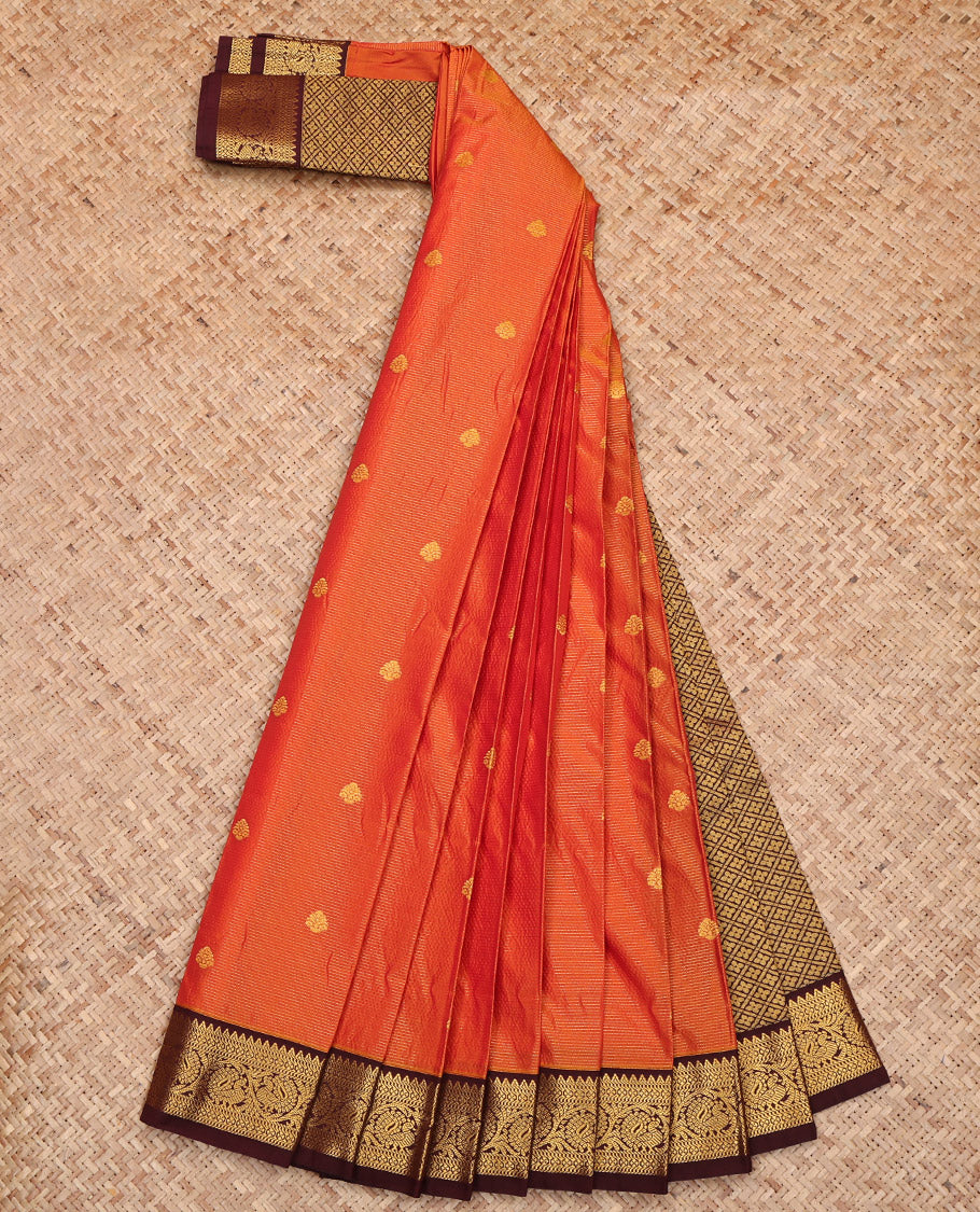 Orange Budget Silk Saree, Graced with Zari Buttas and Stripes, Captivating Contrast Traditional Zari Design Border, Pallu of Jaal Design, and a Contrast Blouse