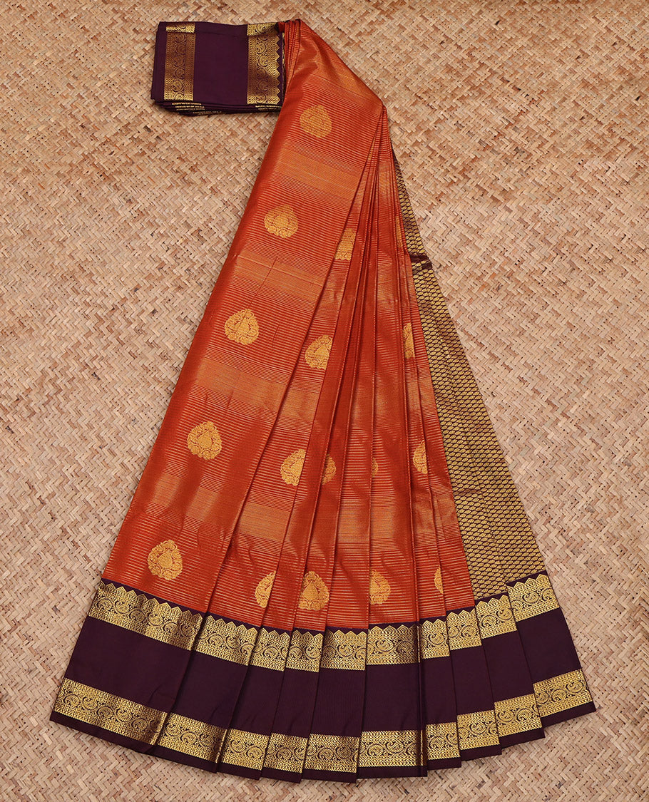 Rust Budget Silk Saree, Bedecked with Zari Buttas and Stripes, Complemented by Contrast Traditional Rettai Pettu Border, Grand Pallu and a Contrast Blouse