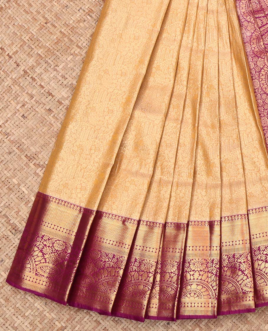 Sandal Budget Silk Saree, Woven with Jacquard, Complemented by Contrast Traditional Zari Border, Grand Pallu, and Contrast Blouse