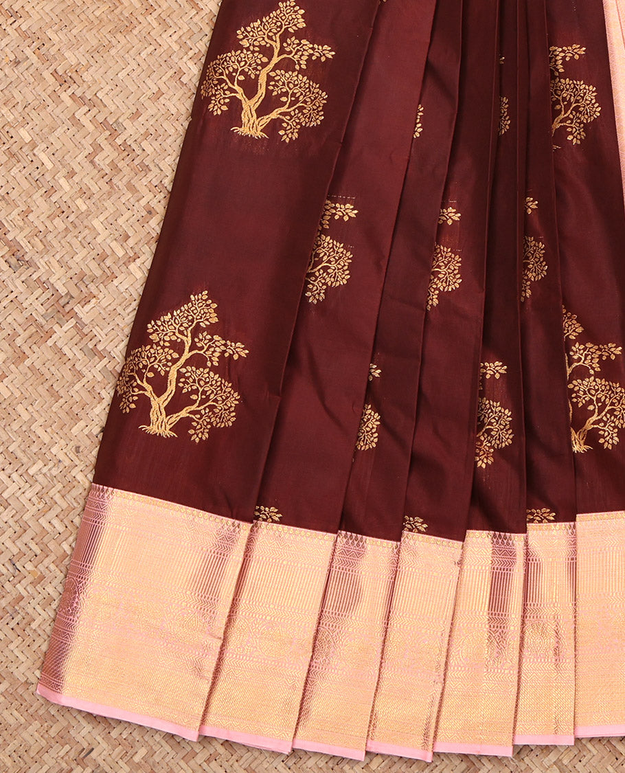 Brown Budget Silk Saree, Decked with Tree Zari Buttas, Complemented by a Contrast Traditional Border, Grand Pallu, and a Contrast Blouse