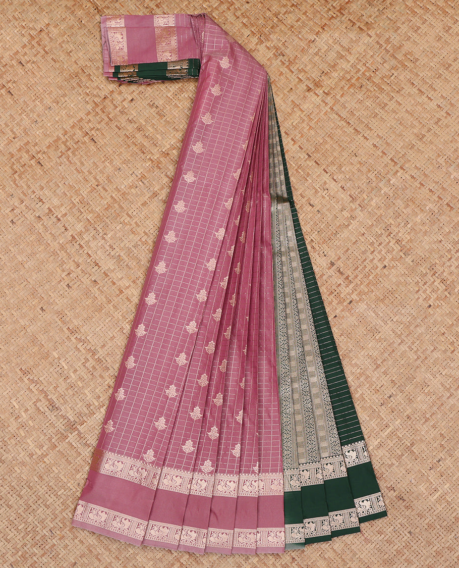Onion Pink Budget Silk Saree, Beautified with Zari Buttas and Checks, Highlighted by Traditional Zari Rettai Pettu Border, Contrast Grand Pallu, and a Contrast Blouse