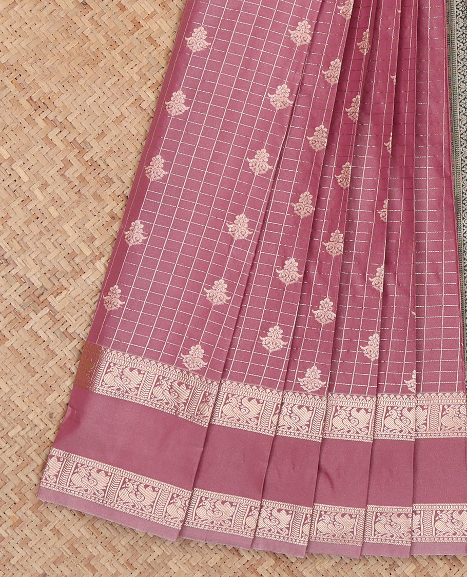 Onion Pink Budget Silk Saree, Beautified with Zari Buttas and Checks, Highlighted by Traditional Zari Rettai Pettu Border, Contrast Grand Pallu, and a Contrast Blouse