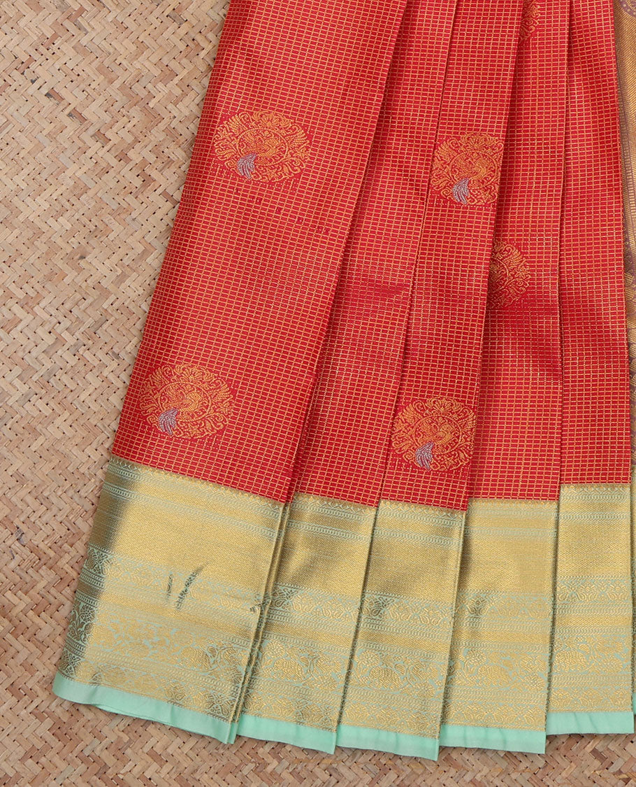 Red Budget Silk Saree, Ornamented with Peacock Buttas and Checks, a Contrast Traditional Zari Border, an Intricate Pallu and a Contrast Blouse