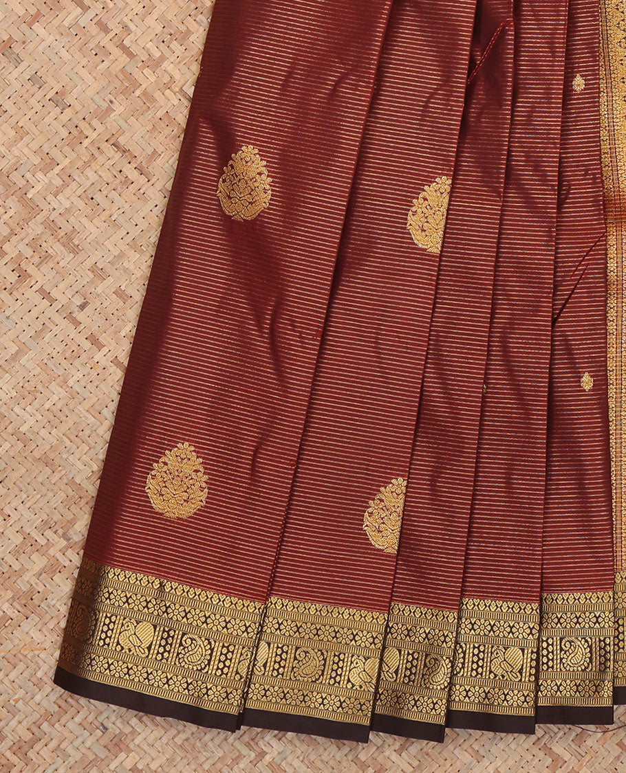 Maroon Budget Silk Saree, Graced with Zari Buttas and Stripes, Complemented by Contrast Traditional Zari Border, a Jaal Pallu and a Contrast Blouse