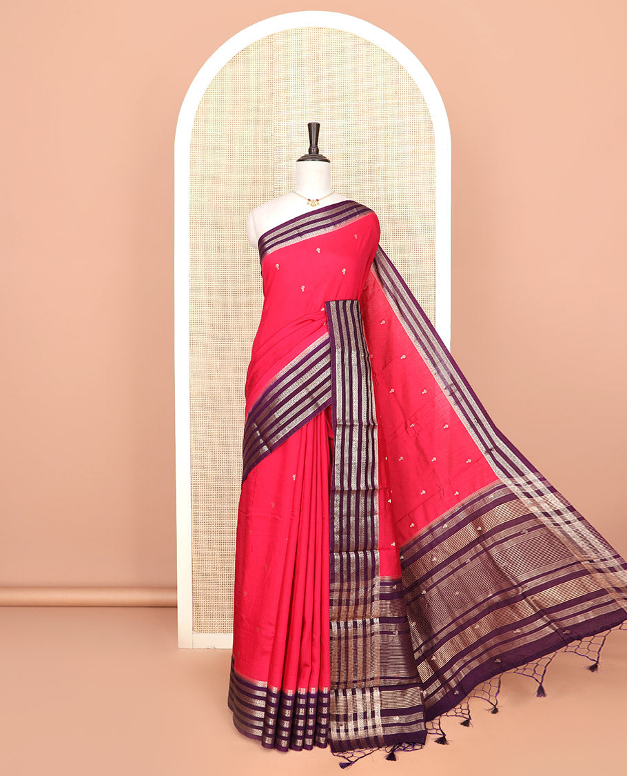 Pink zari buttas Assam silk saree, contrast traditional zari design border, and pallu of zari stripes and buttas