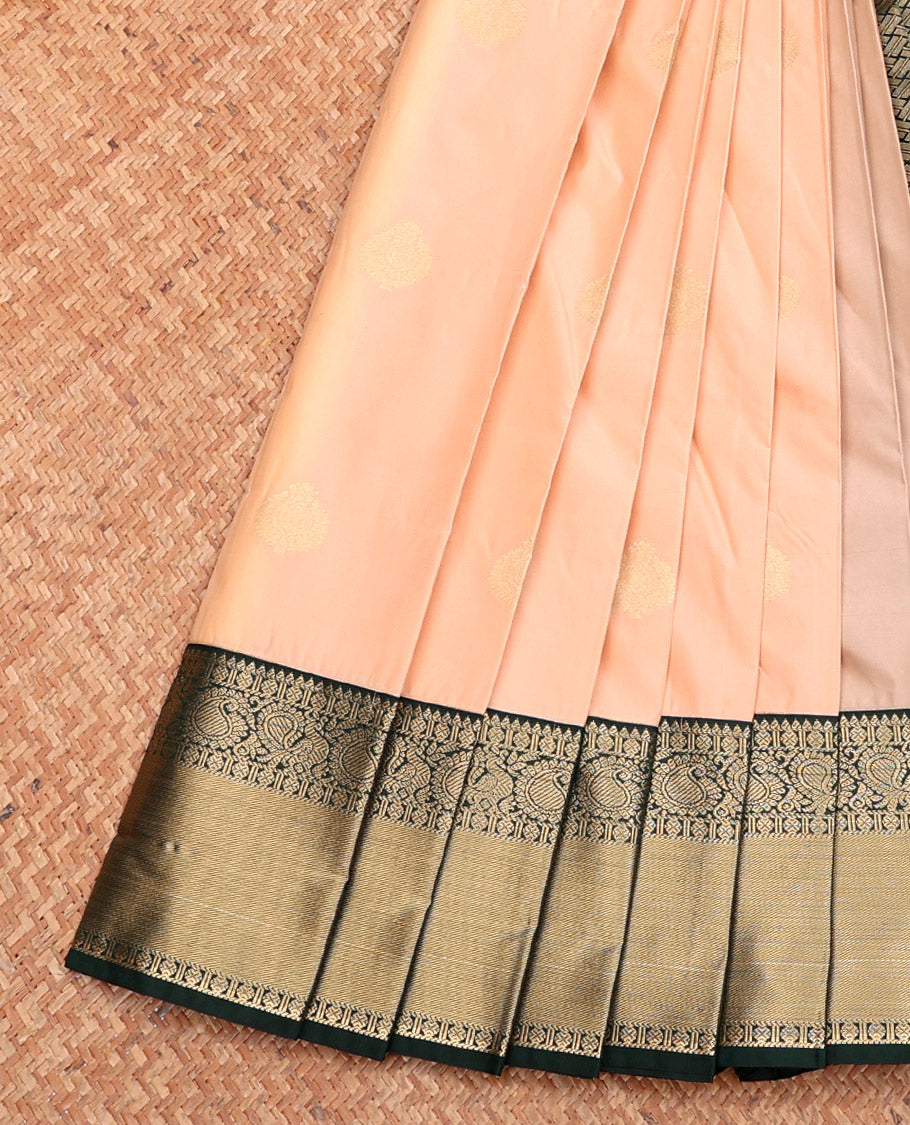 Peach Budget Silk Saree, Subtly Sparkled with Zari Buttas, Complemented by a Contrast Traditional Zari Border, Grand Pallu, and Contrast Blouse
