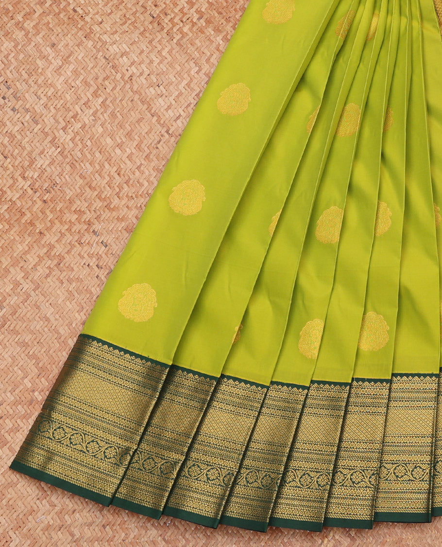 Parrot Green Budget Silk Saree, Gleamed Up with Zari Buttas, Complemented by a Contrast Traditional Zari Border, Grand Pallu, and a Contrast Blouse