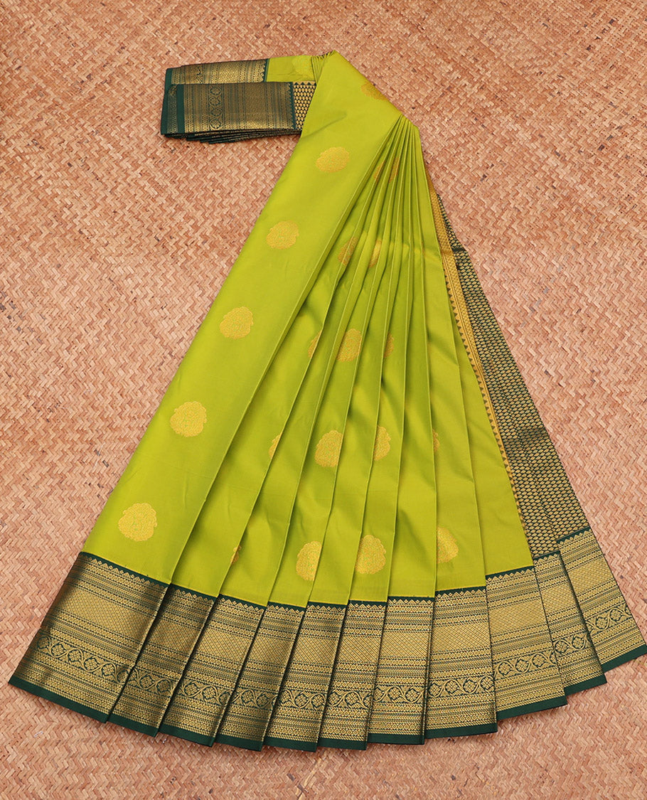 Parrot Green Budget Silk Saree, Gleamed Up with Zari Buttas, Complemented by a Contrast Traditional Zari Border, Grand Pallu, and a Contrast Blouse
