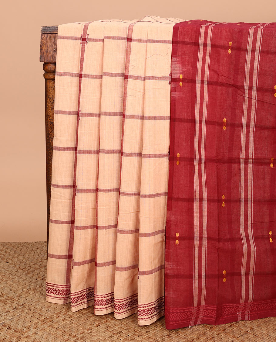 Sandal checked Andhra cotton saree, traditional motifs thread border, and contrast checked pallu