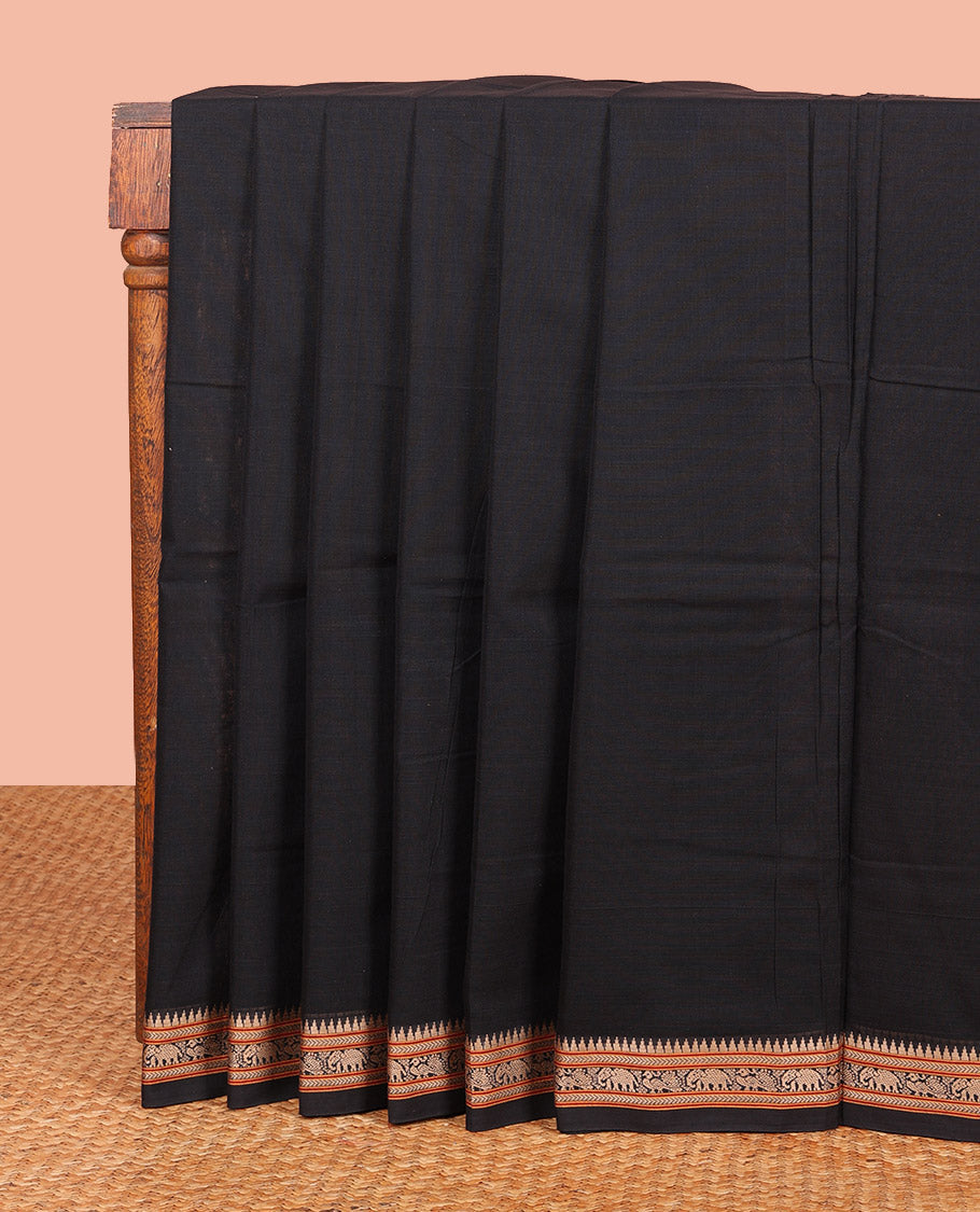 Black Plain Narayanpet Cotton Saree, Complemented by a Temple Thread Woven Border of Elephant and Peacock Designs, Subtly Striped Pallu, and Paired with a Matching Blouse