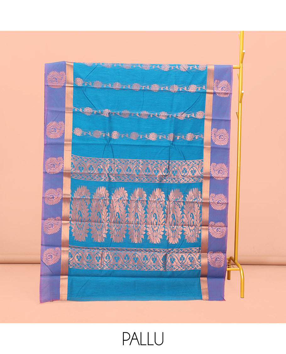 Blue Semi-Silk Cotton Saree, Opulently Embellished with Floral Creeper Design All Over Its Body, Complemented by a Contrast Paisley Zari Design Border, Pallu of Paisley Design, and Paired with a Matching Blouse