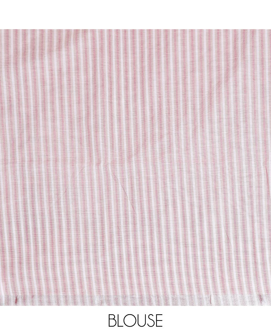 Pale brown striped jute cotton saree, zari border & striped pallu