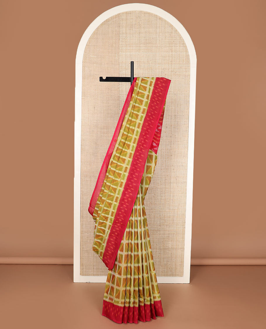 Green geometric-patterned Pochampally cotton saree, contrast ikkat border & pallu of ikkat zig-zag stripes & triangles