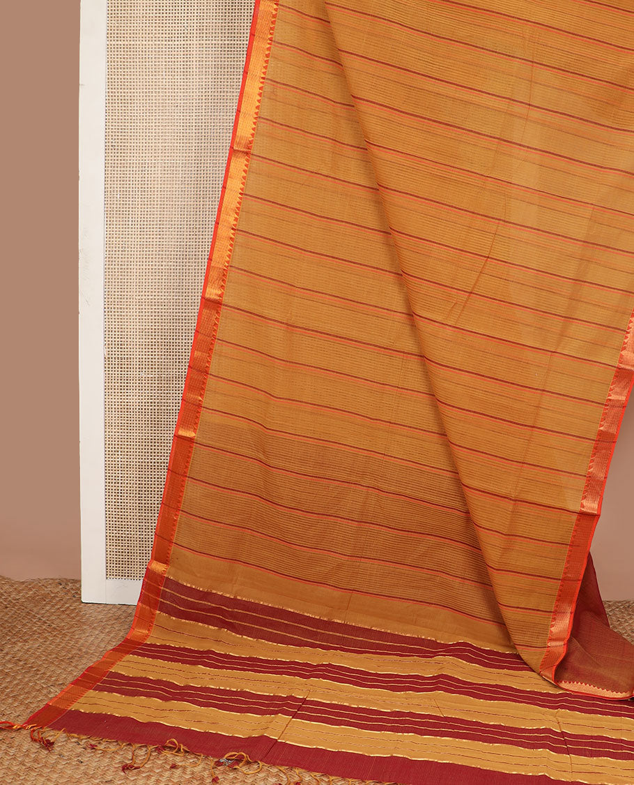 Brown striped vankatagiri cotton saree with contrast zari design border & pallu of stripes
