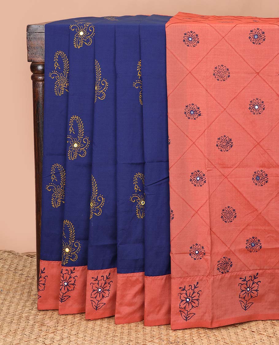 Blue paisley-style motifs printed poly cotton saree, contrast floral print with mirror work border, and butta enclosed jaal pallu