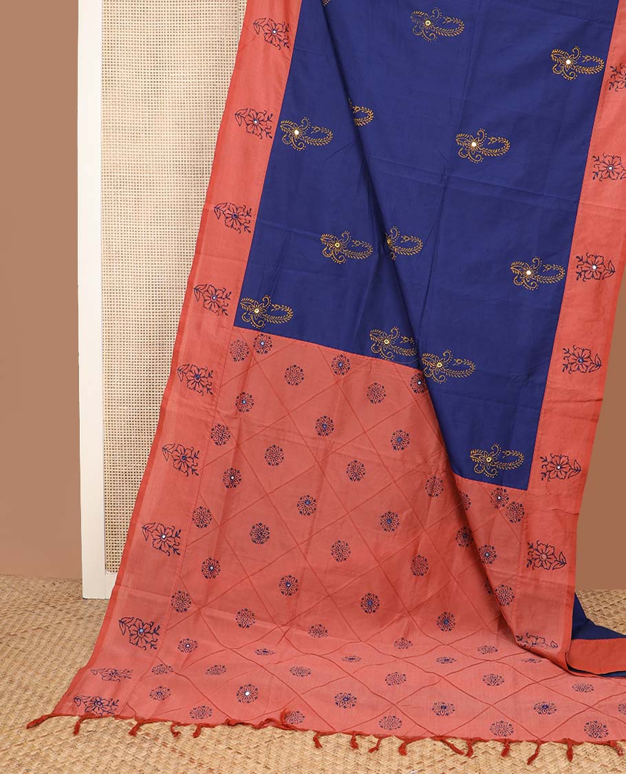 Blue paisley-style motifs printed poly cotton saree, contrast floral print with mirror work border, and butta enclosed jaal pallu