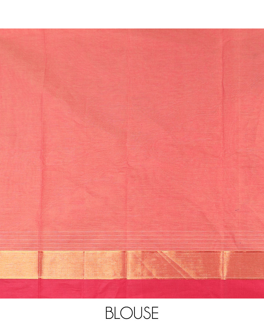 Pink buttas kanchi cotton saree, contrast zari and thread border, and ogee pallu
