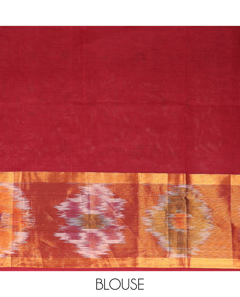 Maroon kolam motifs printed Andhra cotton saree, ikkat border, and tree printed pallu