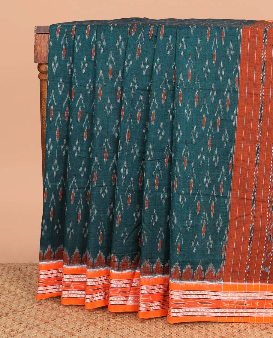Green buttas ikkat cotton saree, contrast ikkat border, and pallu of floral ikkat designs
