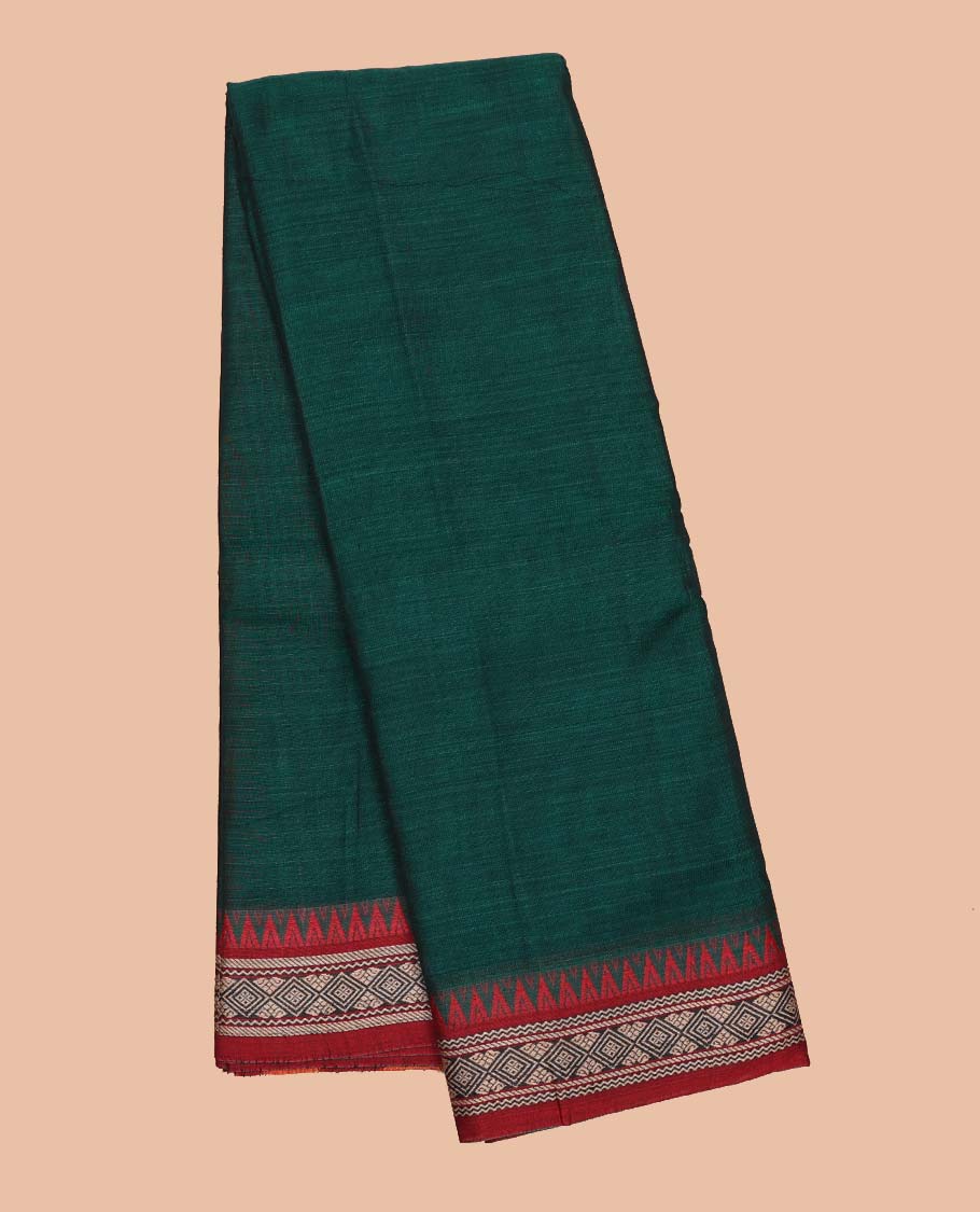 Green plain design Narayanapet cotton saree, contrast traditional design border & striped pallu
