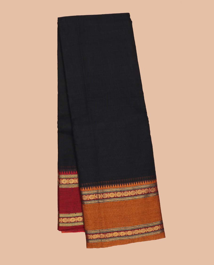 Black plain Narayanapet cotton saree, contrast ganga jamuna traditional motifs border & striped pallu