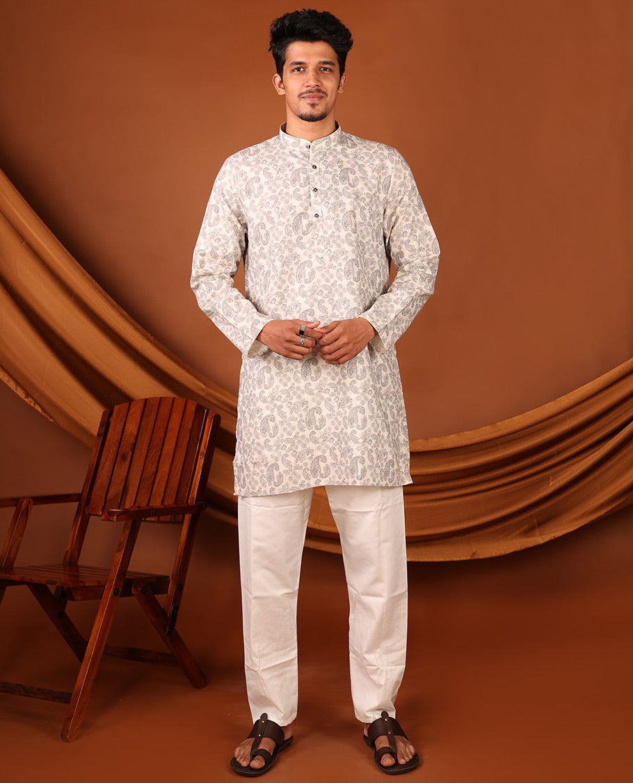 Off-White Paisley Motifs Printed Full-Sleeved Men's Kurta