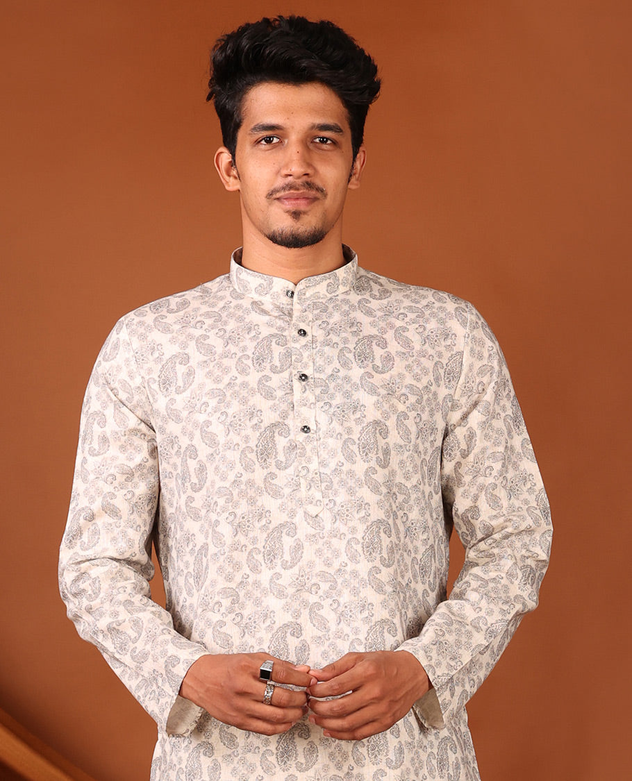 Off-White Paisley Motifs Printed Full-Sleeved Men's Kurta