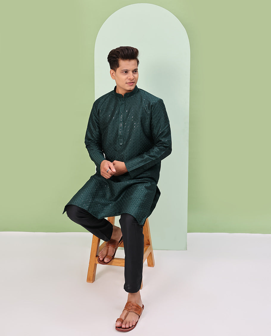 Deep forest green argyle design sequins embroidered full-sleeve kurta set