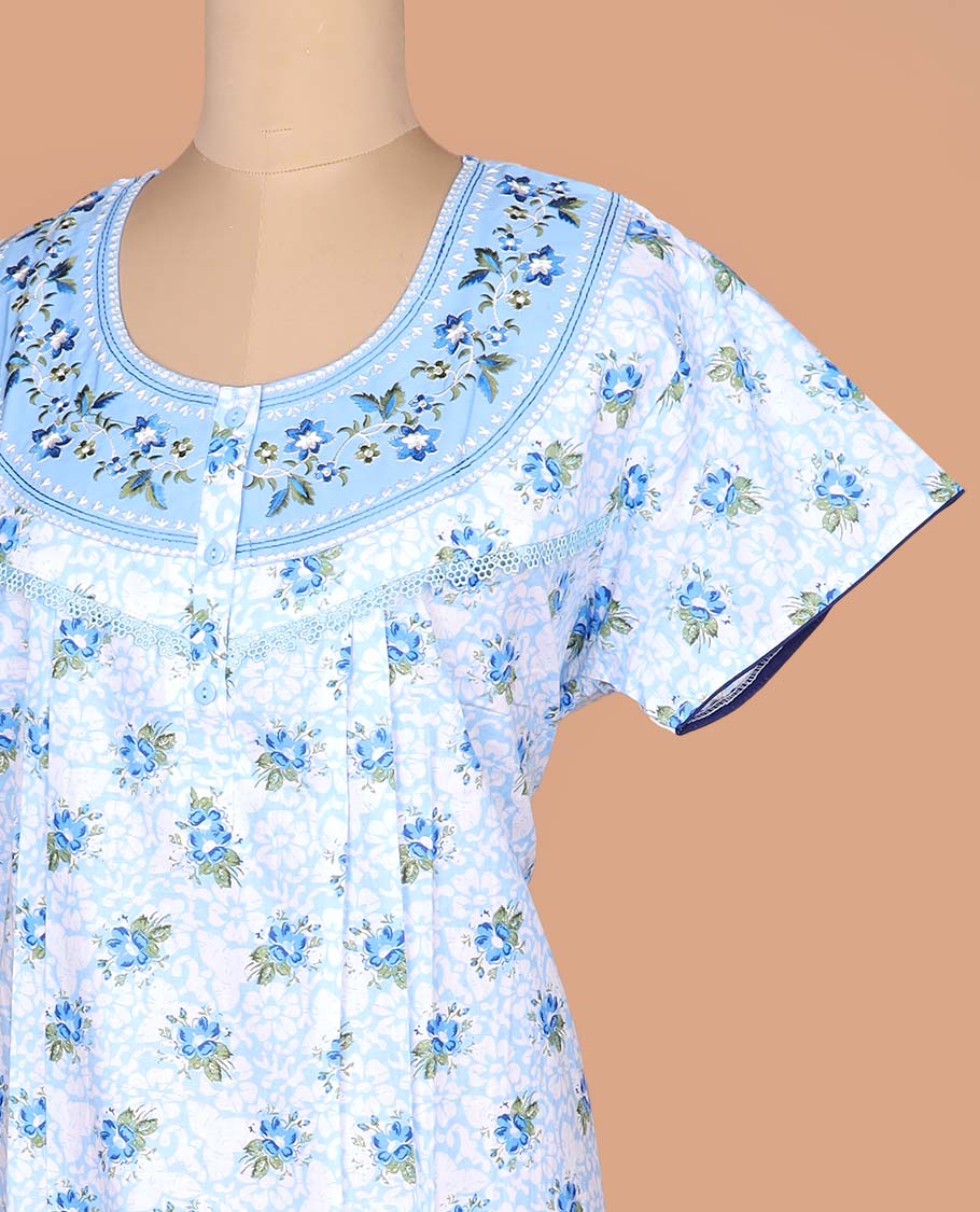 Blue floral printed with round neck embroidered half-sleeve cotton nighty