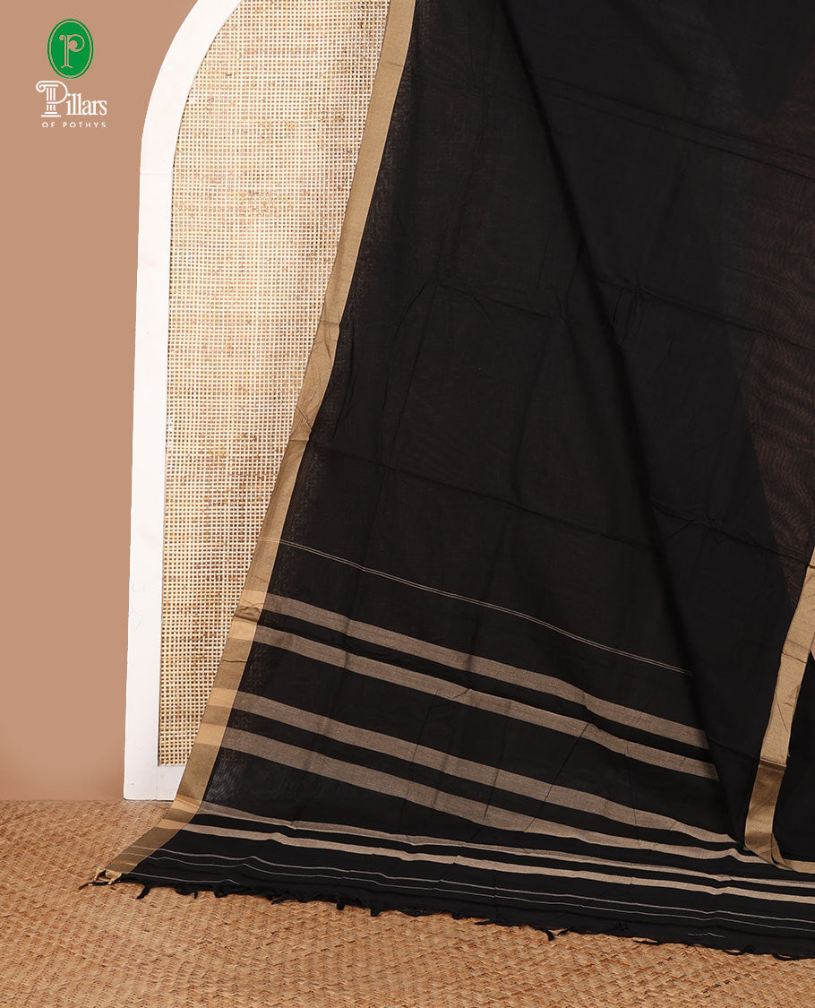 Black mercerised cotton saree with gold piping border & cheer pallu along with plain blouse