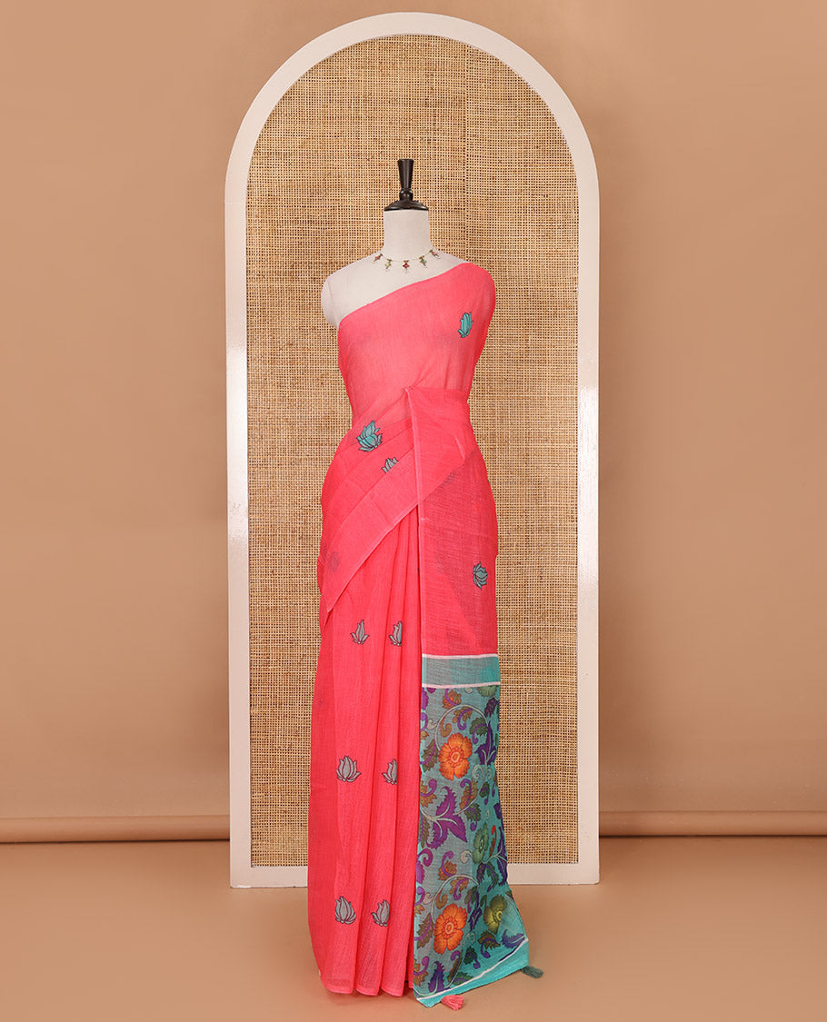 Borderless pink pichwai lotus printed linen saree, contrast kalamkari floral vine printed pallu & contrast kalamkari floral vine printed blouse