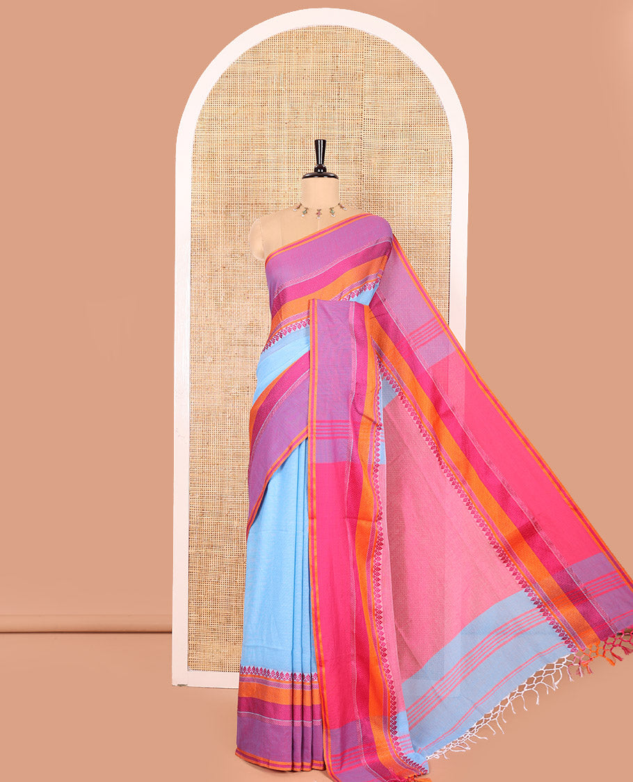 Blue Plain Khadi Mul Cotton Saree, Complemented by a Contrast Thread-Woven Border of Geometric Patterns, Contrast Plain Pallu, and Paired with a Matching Blouse