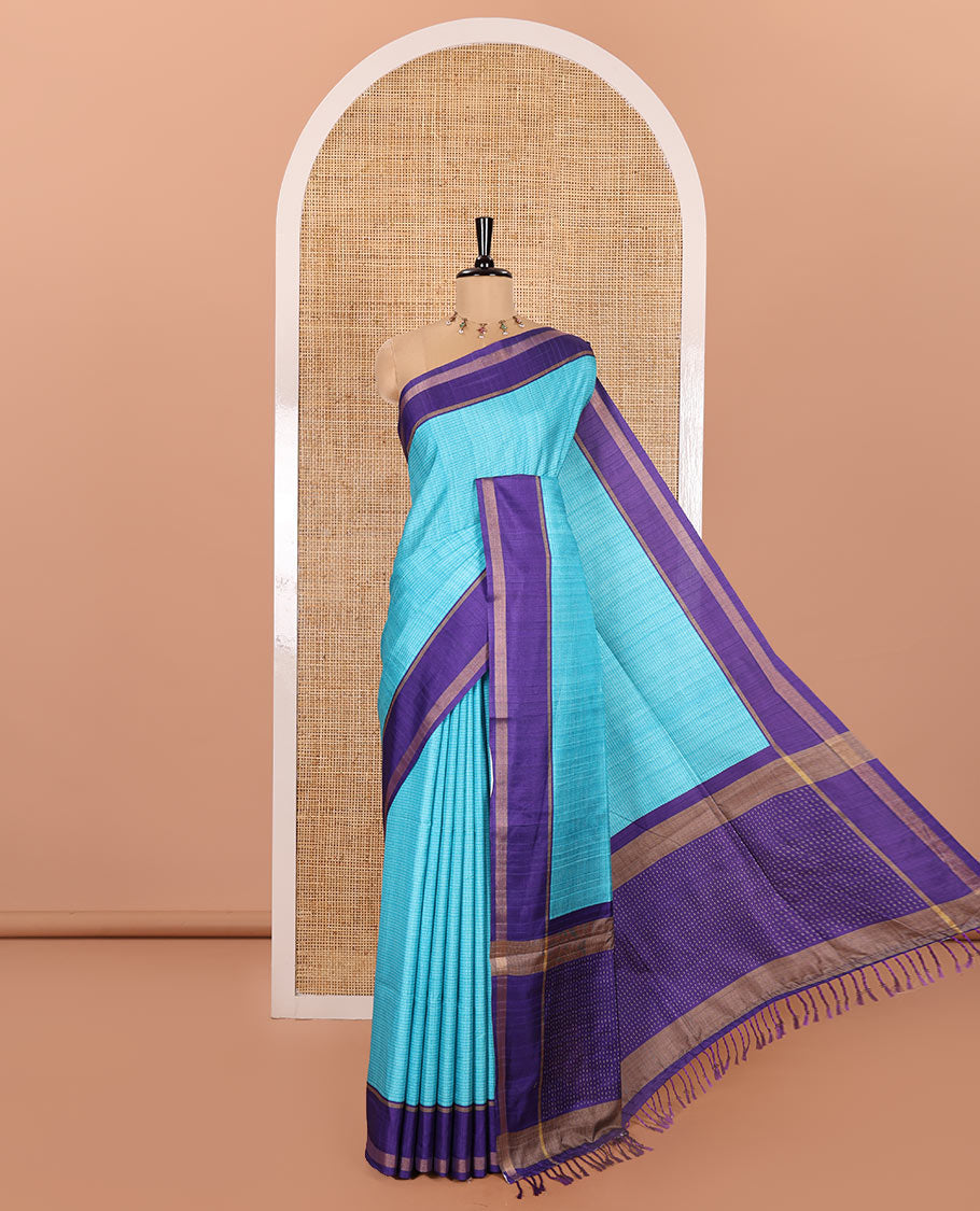 Blue Kanta Silk Saree, Delicately Woven with Dotted Kantha-Stitch Embroidery All Over Its Body, Complemented by a Contrast Border, Kantha-Stitch Embroidered Pallu, and Paired with a Contrast Blouse
