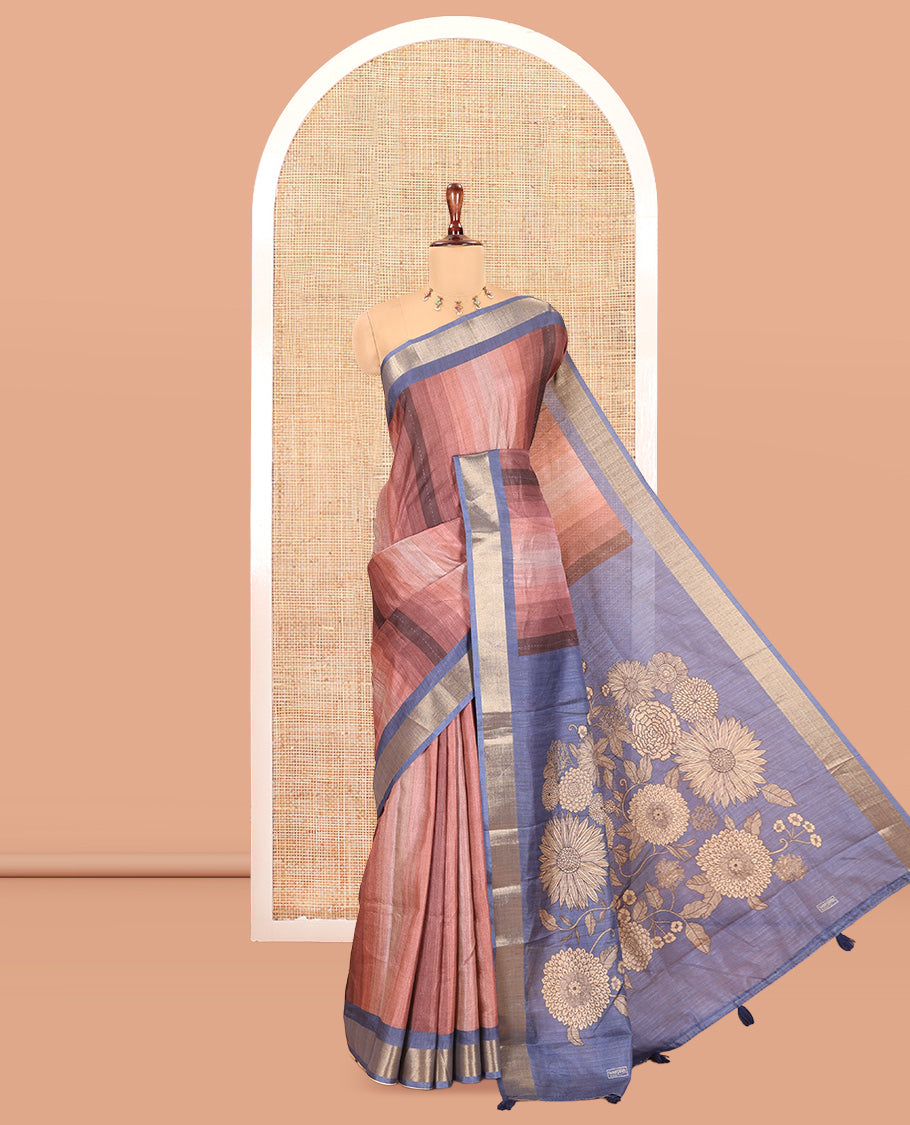Rose Gold Lavender Striped Art Tussar Saree, a Contrast Zari Border, Floral Printed Pallu, and a Contrast Blouse