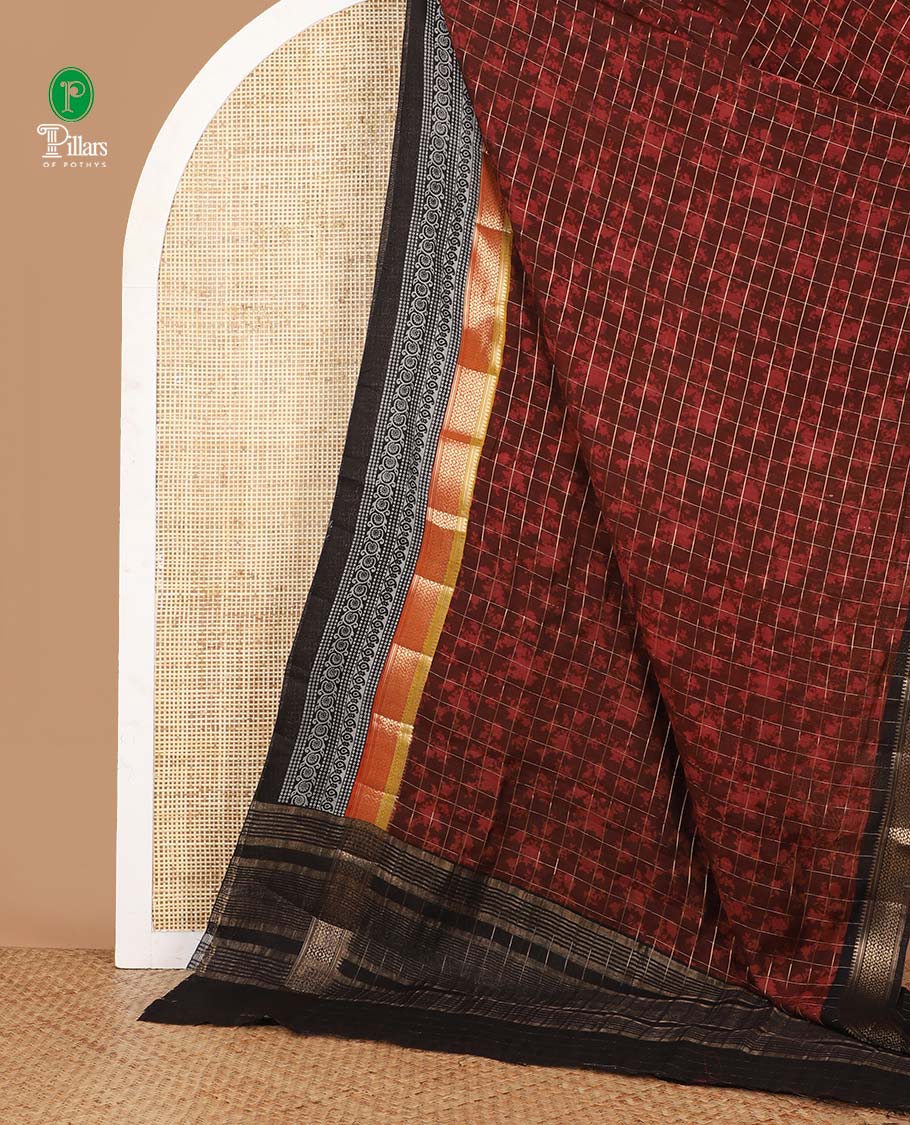 Maroon checked & floral printed chanderi cotton saree, contrast zari & block printed border of diamond, bentex, floral creeper & paisley design along with zari striped pallu