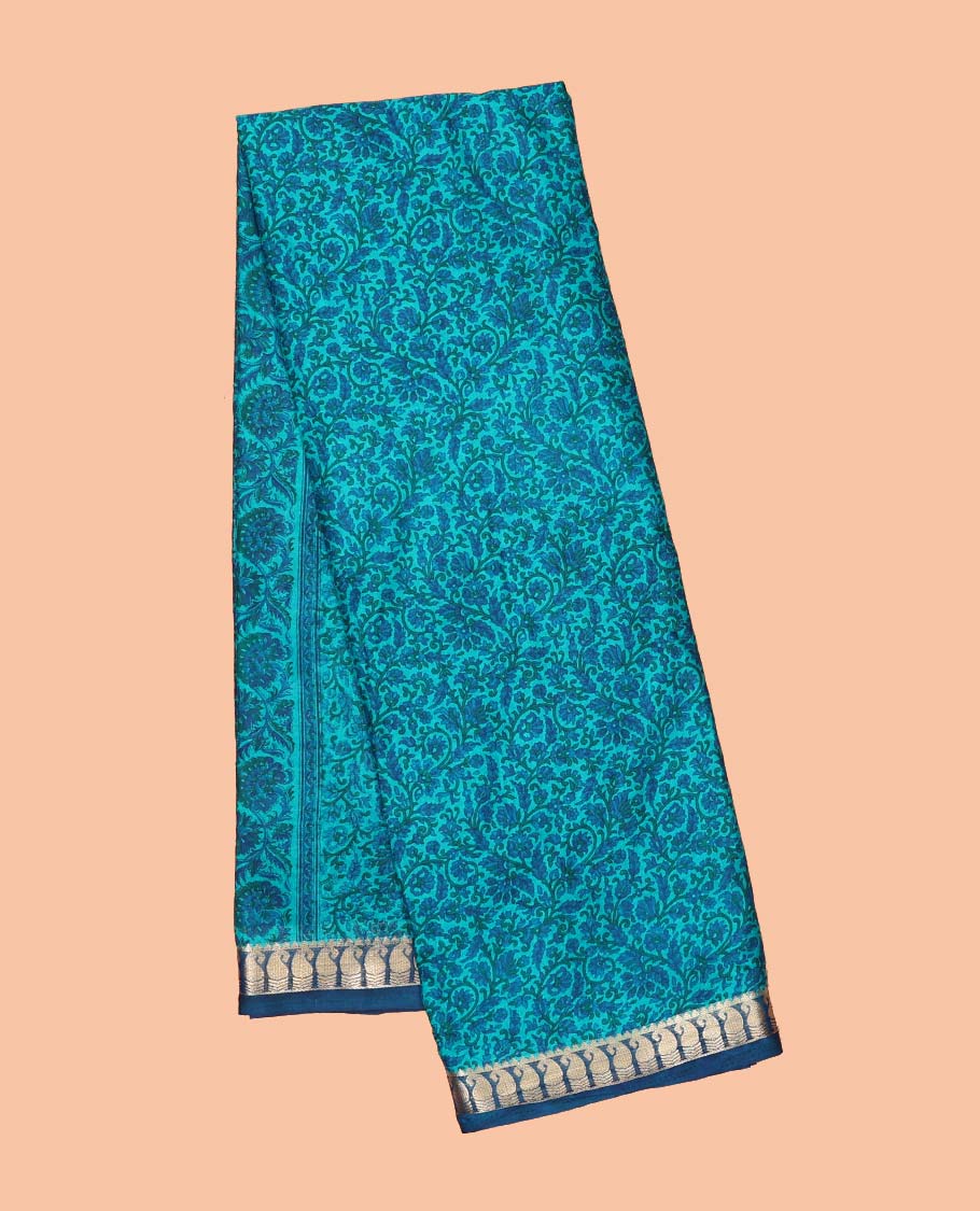 Blue floral printed semi-banaras printed saree, contrast paisley border & pallu of intricate print