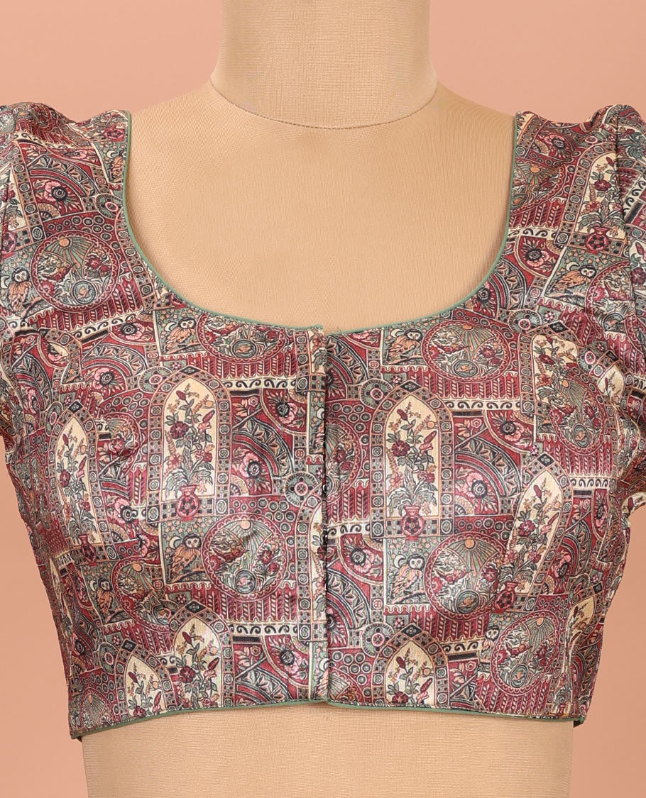 Green Readymade Blouse Artfully Detailed with Flora-Fauna and Mughal-Style Design Print, Featuring Front Round Neck, Back Round Neck, and Elbow Sleeves