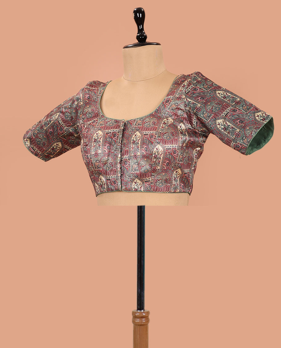 Green Readymade Blouse Artfully Detailed with Flora-Fauna and Mughal-Style Design Print, Featuring Front Round Neck, Back Round Neck, and Elbow Sleeves