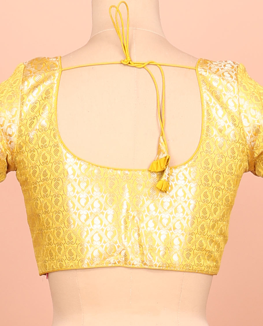 Yellow paisleys-theme jacquard front-back round neck elbow-sleeve readymade blouse