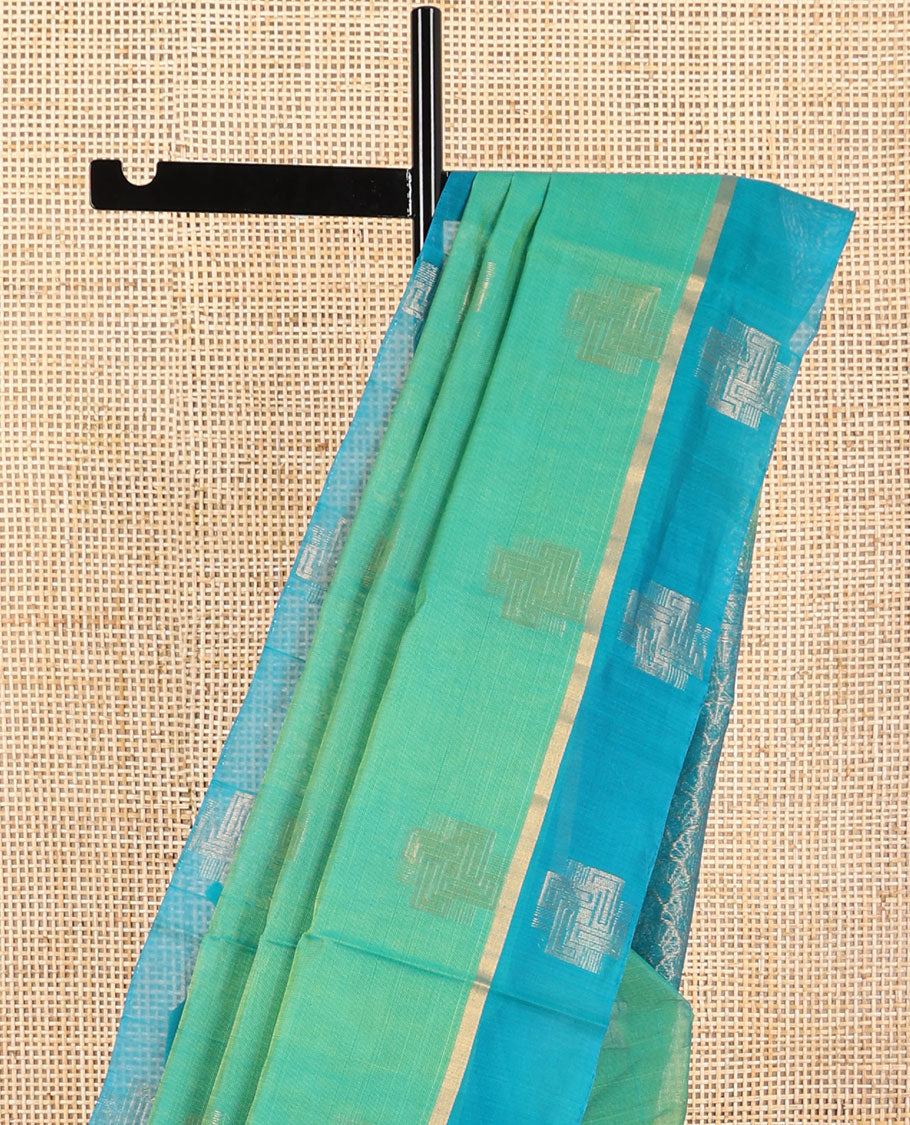 Sea green geometric design silk cotton saree with contrast zari design border & ogee design pallu