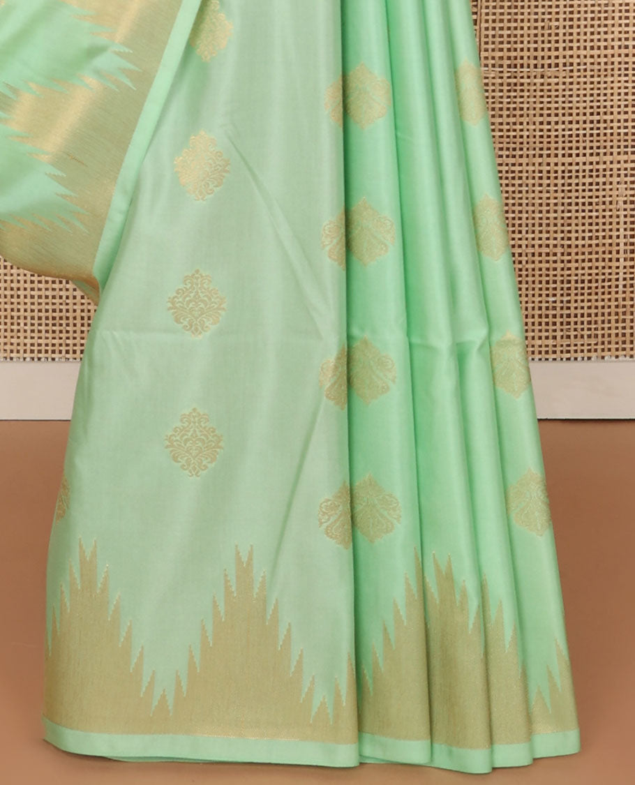 light green motifs soft silk saree with self temple border & bhavanji pallu