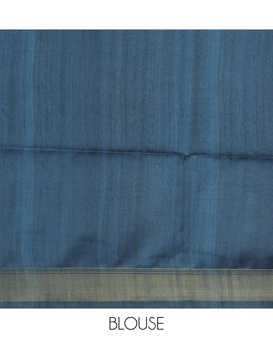 Sandal plain tussar silk saree, contrast bavanji border, and pallu of Mughal and Pichwai inspired motifs