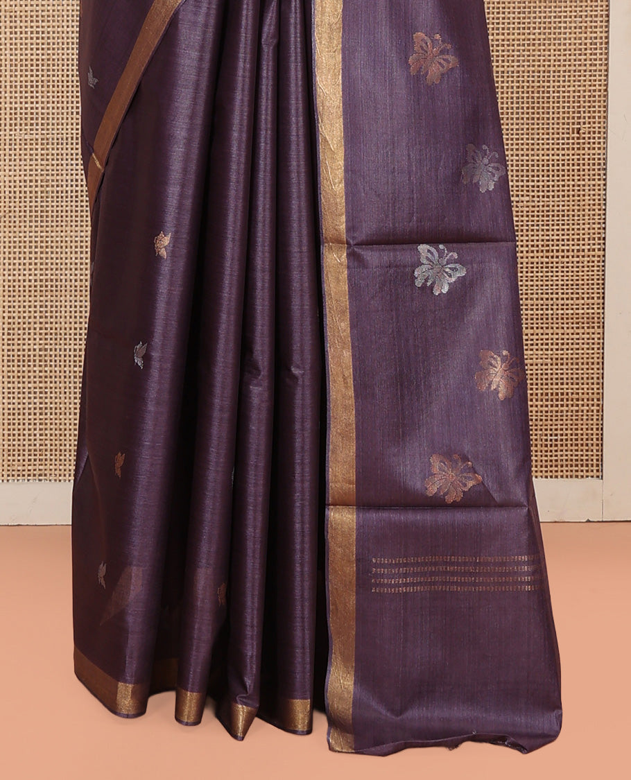 Violet Tussar Saree, Detailed with Buttas, a Subtle Zari Border, Pallu of Butterfly Buttas, and a Matching Blouse