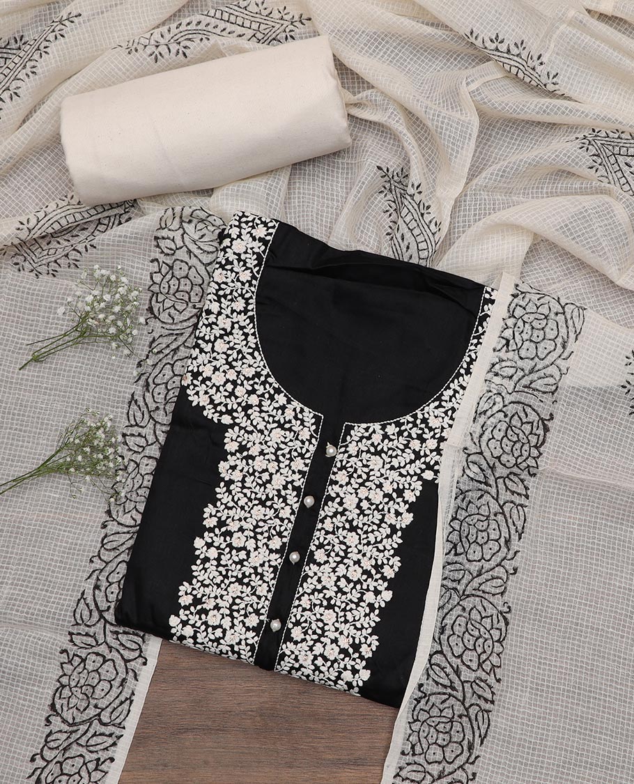 Black material chudidar set, white floral vine neck embroidered top, contrast plain bottom and chex dupatta of unique motifs printed