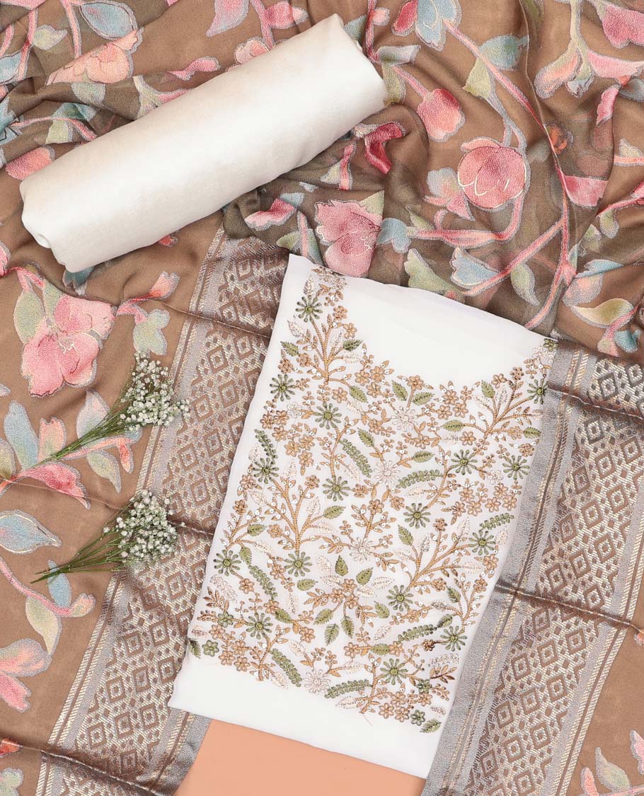 White chudidhar material set floral embroidered top, plain bottom & floral design dupatta