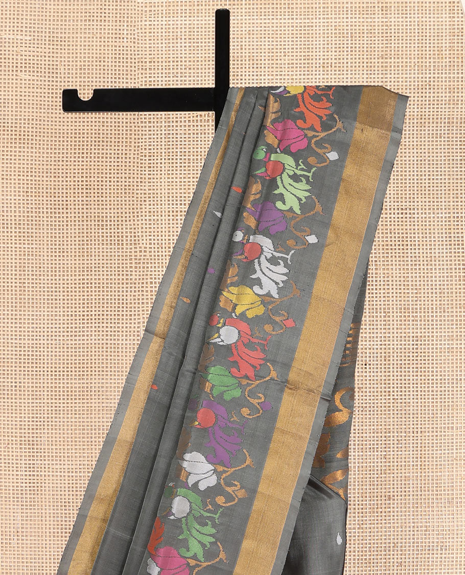 Elephant Grey Uppada Silk Saree, Steeped with Meena Buttas and Floral-Bird Meena Design All Over Its Body, Subtle Bavanji Border, Pallu of Meena Floral Designs, and Paired with a Matching Blouse
