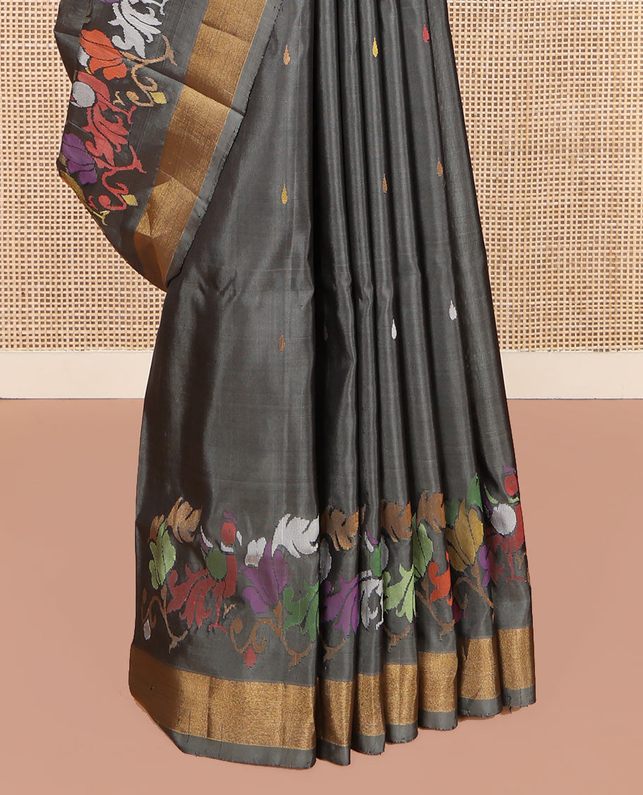 Elephant Grey Uppada Silk Saree, Steeped with Meena Buttas and Floral-Bird Meena Design All Over Its Body, Subtle Bavanji Border, Pallu of Meena Floral Designs, and Paired with a Matching Blouse