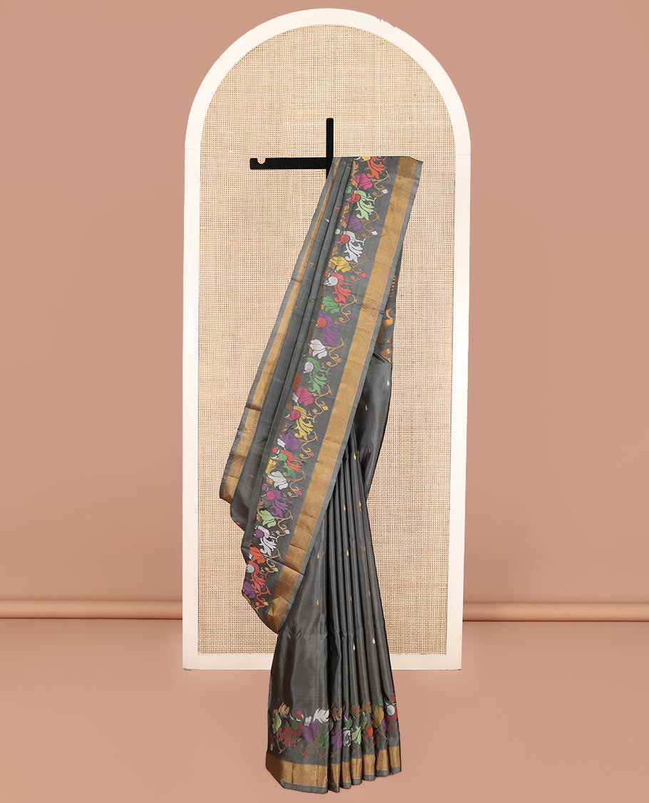 Elephant Grey Uppada Silk Saree, Steeped with Meena Buttas and Floral-Bird Meena Design All Over Its Body, Subtle Bavanji Border, Pallu of Meena Floral Designs, and Paired with a Matching Blouse