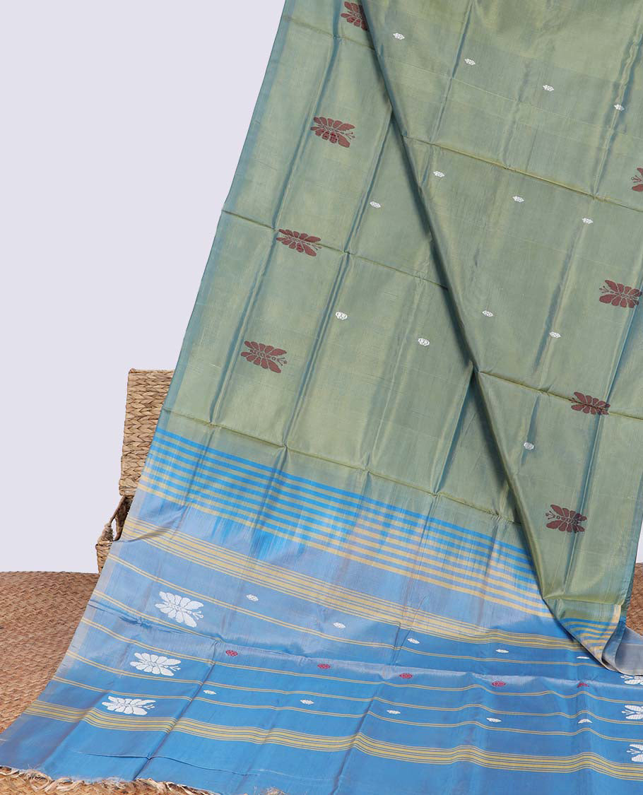 Borderless green banana pith saree with all-over butterfly buttas, contrast pallu of stripes